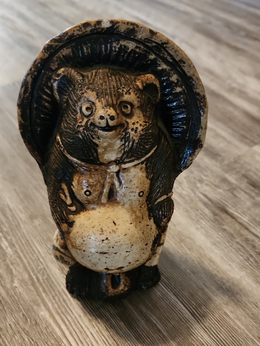 Vintage Japenese Shigaraki Tan and Black Tanuki Statue - Home Art Accent